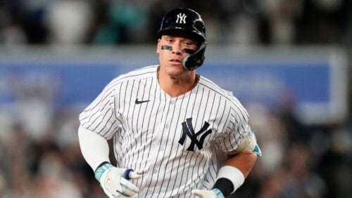 New York Yankees' Aaron Judge runs the bases on a three-run home run against the Arizona Diamondbacks during the third inning of a baseball game Friday, Sept. 22, 2023, in New York.