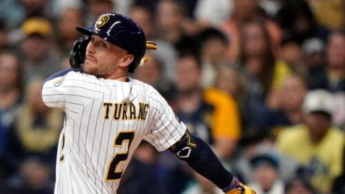 Milwaukee Brewers' Brice Turang swings during the first inning of a baseball game against the Washington Nationals Saturday, Sept. 16, 2023, in Milwaukee. (AP Photo/Aaron Gash)