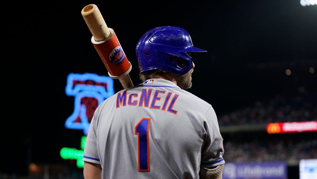 New York Mets' Jeff McNeil plays during a baseball game, Thursday, Sept. 21, 2023, in Philadelphia. (AP Photo/Matt Slocum)