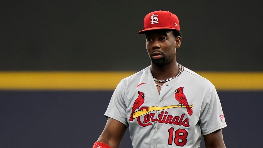 St. Louis Cardinals' Jordan Walker warms up before a baseball game against the Milwaukee Brewers Thursday, Sept. 28, 2023, in Milwaukee. (AP Photo/Aaron Gash)