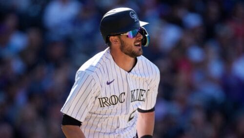 Colorado Rockies left fielder Kris Bryant (23) in the fifth inning of a baseball game Friday, April 8, 2022, in Denver. (AP Photo/David Zalubowski)