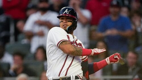 Atlanta Braves shortstop Orlando Arcia (11) works against the Philadelphia Phillies in the third inning of Game 2 of a baseball NL Division Series, Monday, Oct. 9, 2023, in Atlanta. (AP Photo/John Bazemore)