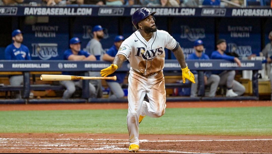 Tampa Bay Rays' Randy Arozarena bats during a baseball game against the Toronto Blue Jays Monday, May 22, 2023, in St. Petersburg, Fla.