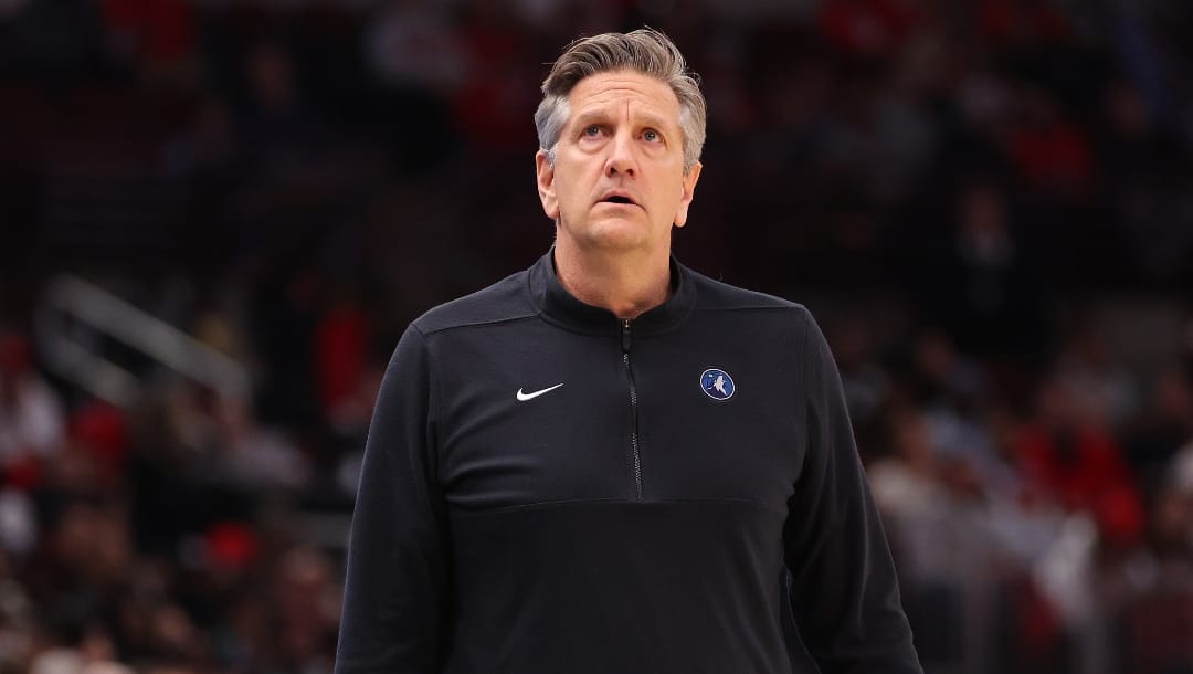 CHICAGO, ILLINOIS - FEBRUARY 06: Head coach Chris Finch of the Minnesota Timberwolves reacts against the Chicago Bulls during the first half at the United Center on February 06, 2024 in Chicago, Illinois. NOTE TO USER: User expressly acknowledges and agrees that, by downloading and or using this photograph, User is consenting to the terms and conditions of the Getty Images License Agreement.