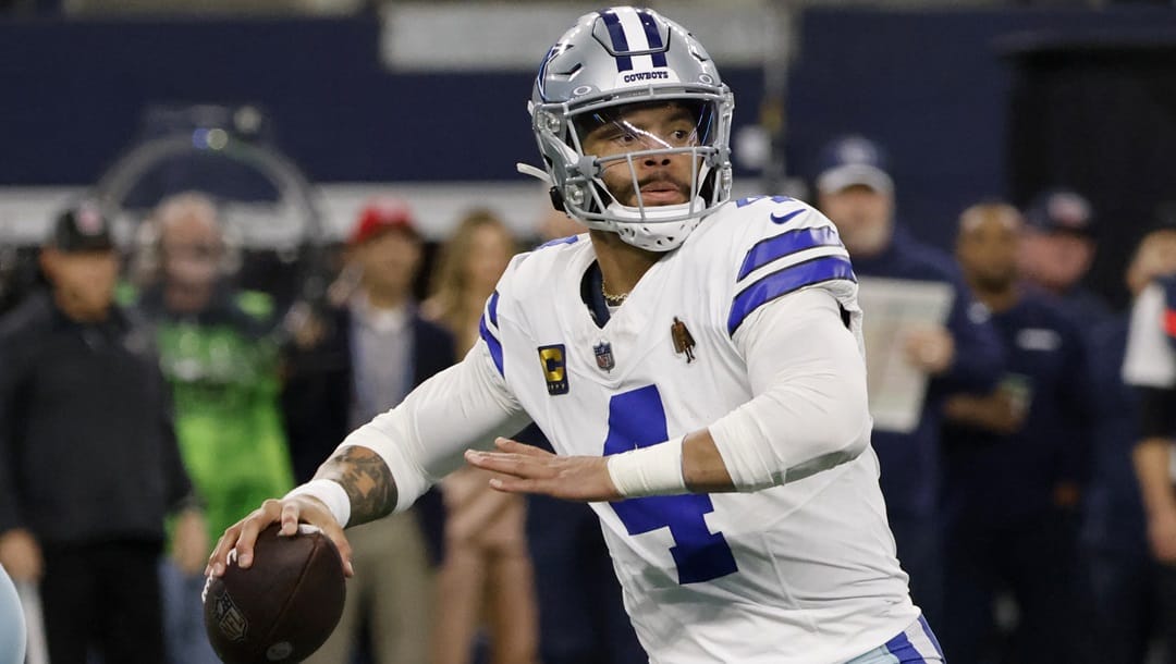 Dallas Cowboys quarterback Dak Prescott (4) throws a pass during an NFL Football game in Arlington, Texas, Sunday, Jan. 14, 2024.