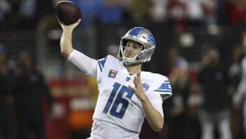 Detroit Lions quarterback Jared Goff (16) throws during the NFC Championship NFL football game against the San Francisco 49ers in Santa Clara, Calif., Sunday, Jan. 28, 2024.