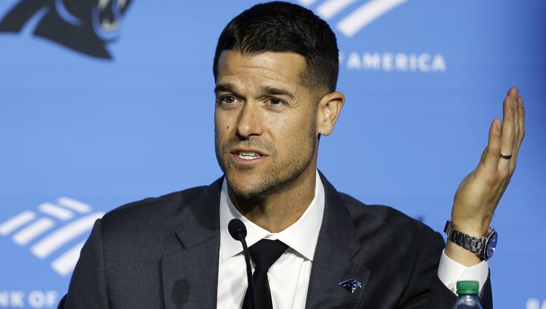 Dave Canales answers a question at a press conference introducing him as the new head coach for the Carolina Panthers NFL football team in Charlotte, N.C., Thursday, Feb. 1, 2024.