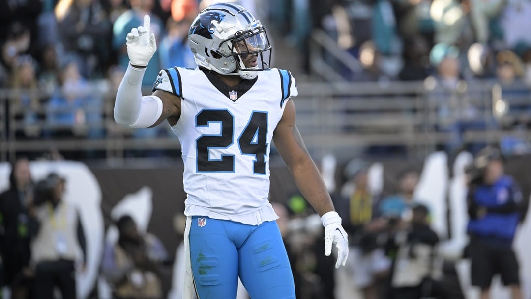 Carolina Panthers safety Vonn Bell (24) reacts after a play during the second half of an NFL football game against the Jacksonville Jaguars, Sunday, Dec. 31, 2023, in Jacksonville, Fla.