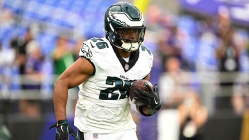 Philadelphia Eagles running back Saquon Barkley (26) works out before an NFL football game against the Baltimore Ravens, Friday, Aug. 9, 2024, in Baltimore.