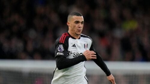 Fulham's Antonee Robinson runs after a loose ball during the English Premier League soccer match between Fulham and Aston Villa at Craven cottage stadium in London, Saturday, Feb. 17, 2024.