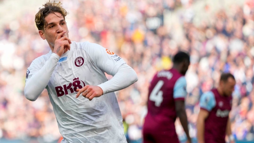 Aston Villa's Nicolo Zaniolo celebrates after scoring his side's opening goal during the English Premier League soccer match between West Ham and Aston Villa, at the London stadium in London, Sunday, March 17, 2024.