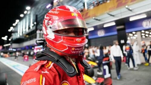 Ferrari driver Charles Leclerc of Monaco smiles after setting the second fastest time in the qualifying session ahead of the Formula One Saudi Arabian Grand Prix at the Jeddah Corniche Circuit in Jeddah, Saudi Arabia, Friday, March 8, 2024. Saudi Arabian Grand Prix will be held on Saturday, March 9, 2024.