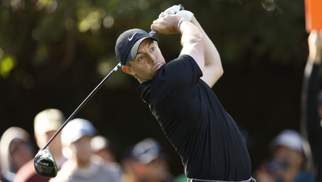 Rory McIlroy, of Northern Ireland, hits from the 11th tee during the first round of the Genesis Invitational golf tournament at Riviera Country Club, Thursday, Feb. 15, 2024, in the Pacific Palisades area of Los Angeles.