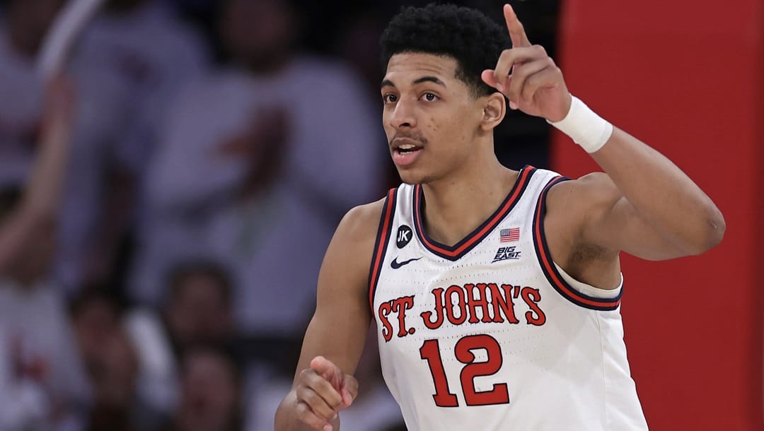 St. John's guard RJ Luis Jr. (12) reacts against Creighton during the first half of an NCAA college basketball game Sunday, Feb. 25, 2024, in New York.