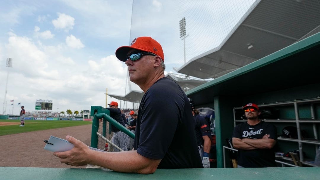 Detroit Tigers manager A.J. Hinch watches from the dugout in the second inning of a spring training baseball game against the Boston Red Sox in Fort Myers, Fla., Thursday, Feb. 29, 2024.