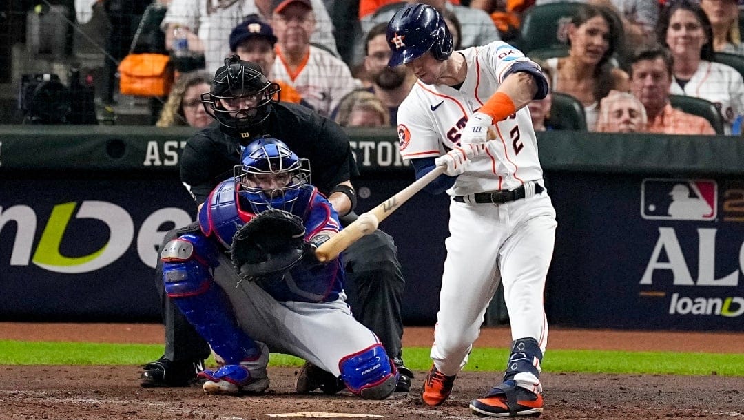Houston Astros' Alex Bregman hits a home run during the third inning of Game 7 of the baseball AL Championship Series against the Texas Rangers Monday, Oct. 23, 2023, in Houston.