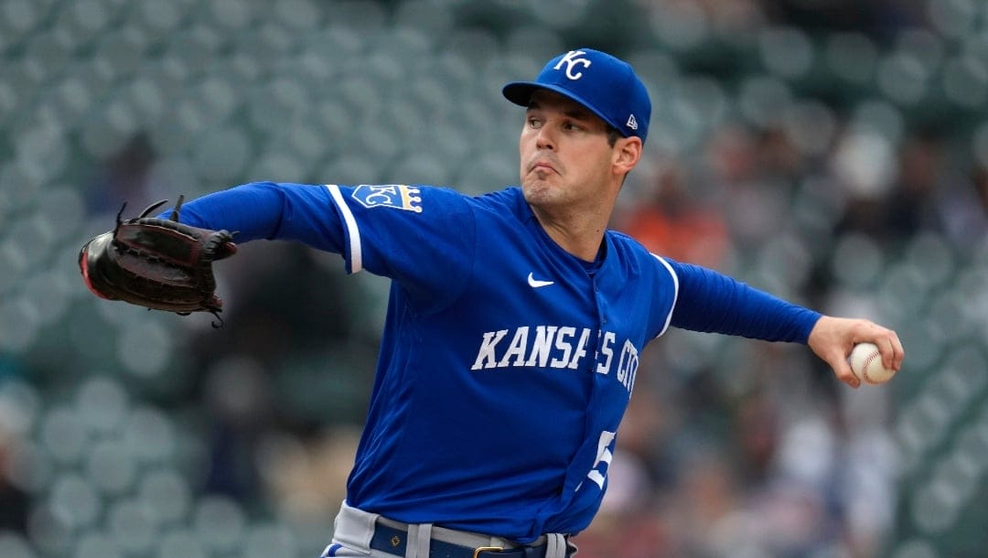 Kansas City Royals pitcher Cole Ragans throws against the Detroit Tigers in the fourth inning of a baseball game, Thursday, Sept. 28, 2023, in Detroit. (AP Photo/Paul Sancya)