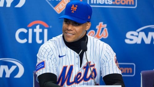 New York Mets' Juan Soto speaks during a news conference, Thursday, Dec. 12, 2024, in New York.