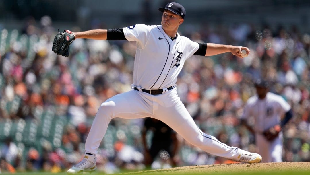 Detroit Tigers pitcher Tarik Skubal throws against the Kansas City Royalsin the second inning of a baseball game in Detroit, Sunday, July 3, 2022.
