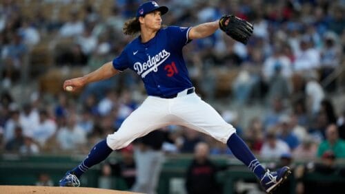 Los Angeles Dodgers starting pitcher Tyler Glasnow throws during the second inning of a spring training baseball game against the Cleveland Guardians in Phoenix, Friday, March 1, 2024.