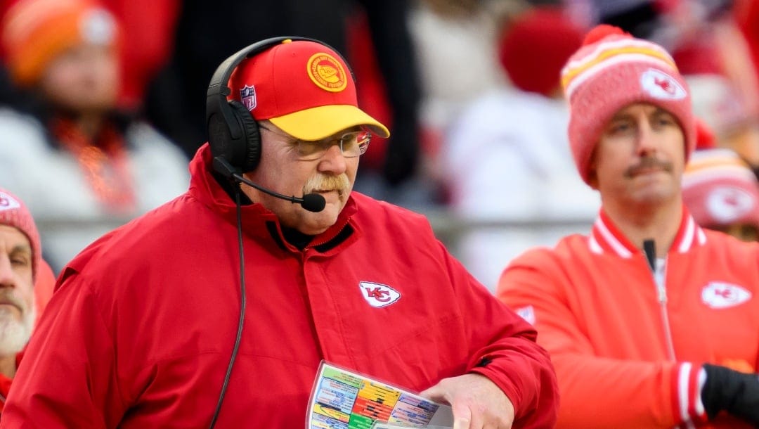 Kansas City Chiefs head coach Andy Reid along the sidelines during the first half of an NFL football game against the Cincinnati Bengals, Sunday, Dec. 31, 2023 in Kansas City, Mo. (AP Photo/Reed Hoffmann)