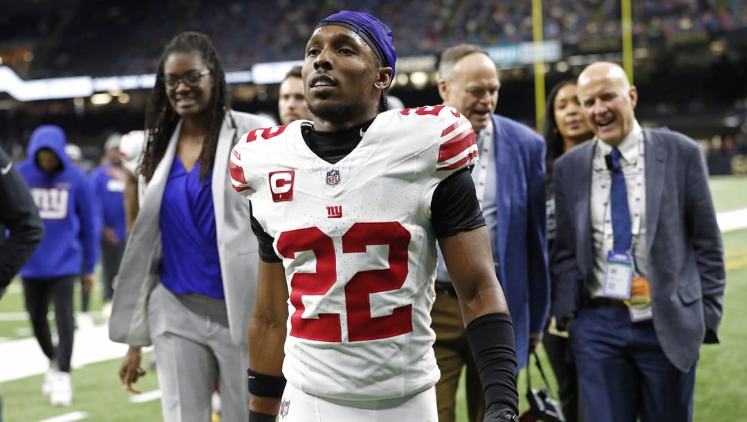 New York Giants cornerback Adoree' Jackson (22) before an NFL football game against the New Orleans Saints, Sunday, Dec. 17, 2023, in New Orleans.