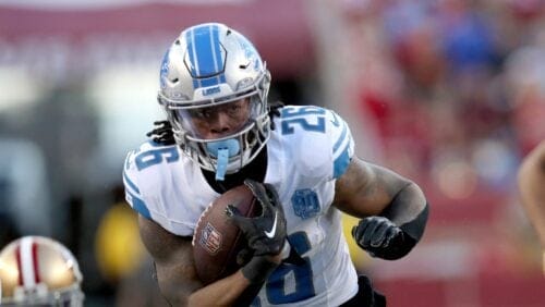 Detroit Lions running back Jahmyr Gibbs (26) runs during the NFC Championship NFL football game against the San Francisco 49ers in Santa Clara, Calif., Sunday, Jan. 28, 2024. (AP Photo/Scot Tucker)