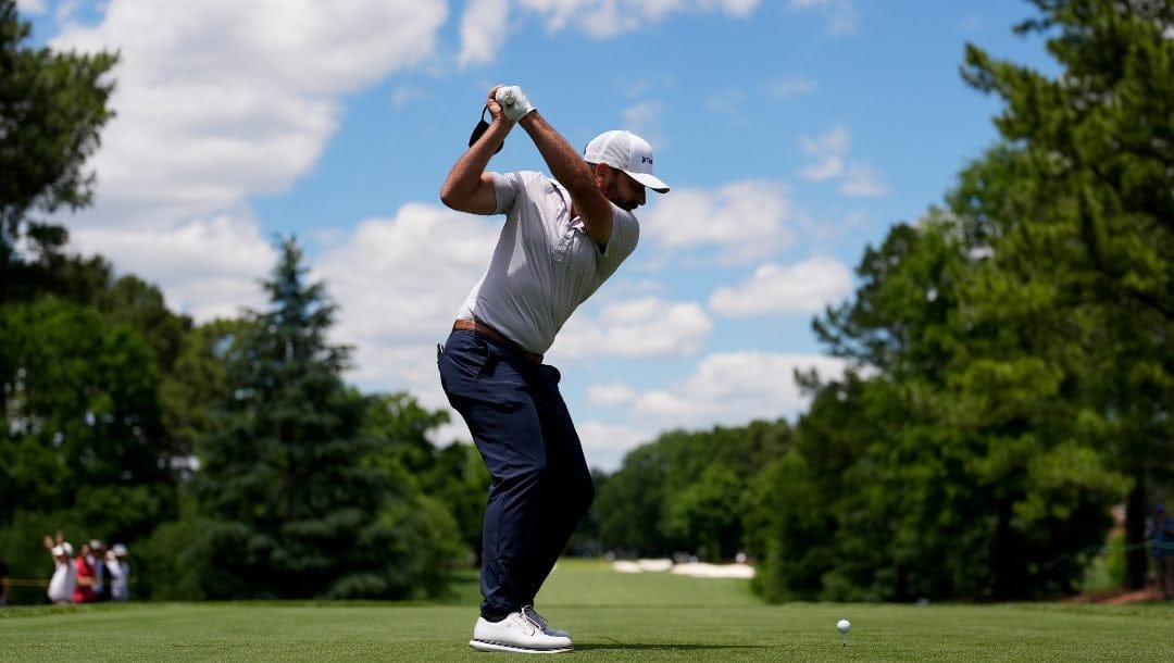 Stephan Jaeger, of Germany, hits his tee shot on the third hole during the third round of the Wells Fargo Championship golf tournament at the Quail Hollow Club Saturday, May 11, 2024, in Charlotte, N.C.