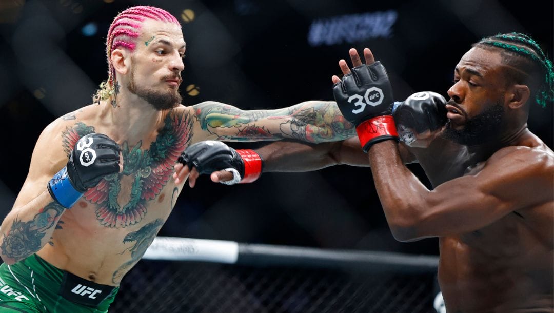 Sean O'Malley lands a left against Aljamain Sterling during their UFC 292 Bantamweight title mixed martial arts fight.