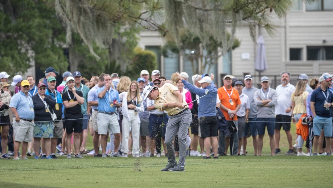 Joel Dahmen hits from the 16th fairway during the first round of the RBC Heritage golf tournament, Thursday, April 13, 2023, in Hilton Head Island, S.C.