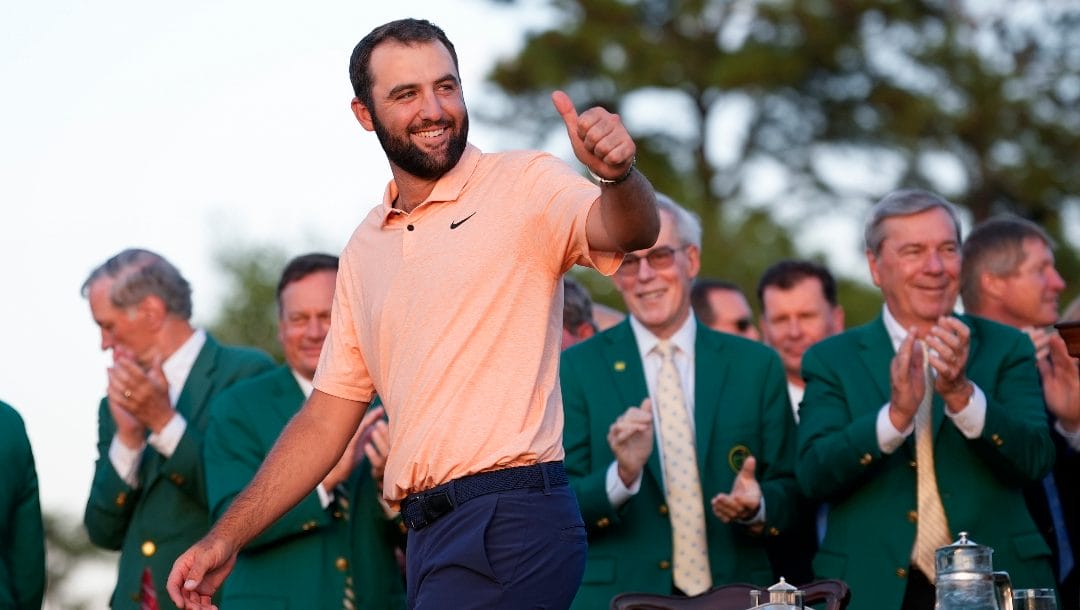 Scottie Scheffler arrives for the green jacket ceremony after winning the Masters golf tournament at Augusta National Golf Club Sunday, April 14, 2024, in Augusta, Ga.