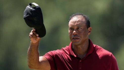 Tiger Woods waves after his final round at the Masters golf tournament at Augusta National Golf Club Sunday, April 14, 2024, in Augusta, Ga.