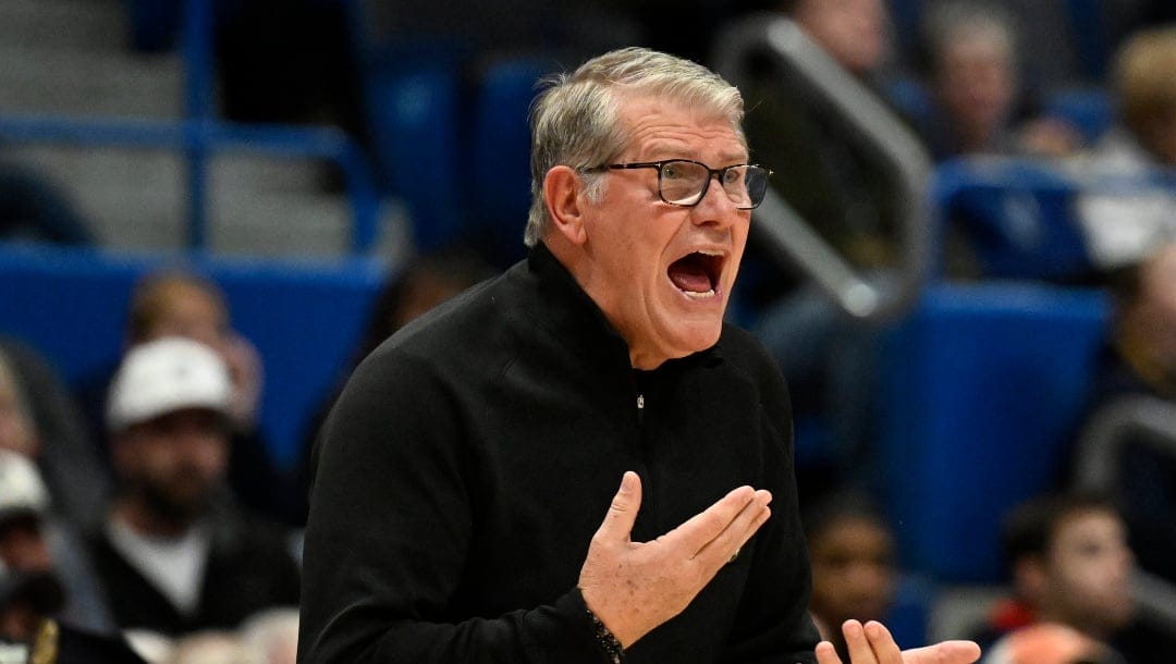 UConn head coach Geno Auriemma calls out to his team in the first half of an NCAA college basketball game against Seton Hall, Wednesday, Feb. 7, 2024, in Hartford, Conn. (AP Photo/Jessica Hill)