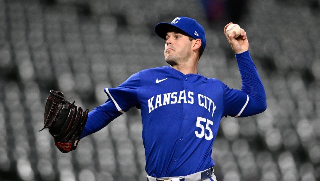 Kansas City Royals starting pitcher Cole Ragans (55) in action during a baseball game against the Baltimore Orioles, Wednesday, April 3, 2024, in Baltimore. (AP Photo/Nick Wass)