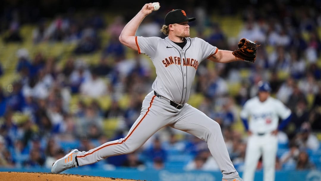 San Francisco Giants starting pitcher Logan Webb throws during the first inning of the team's baseball game against the San Francisco Giants, Tuesday, April 2, 2024, in Los Angeles.