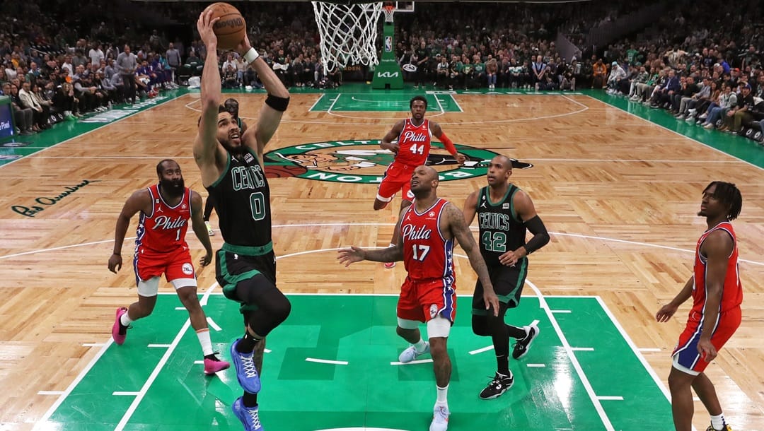 Jayson Tatum #0 of the Boston Celtics takes a shot against the Philadelphia 76ers during the second half in game one of the Eastern Conference Second Round Playoffs at TD Garden on May 01, 2023 in Boston, Massachusetts.