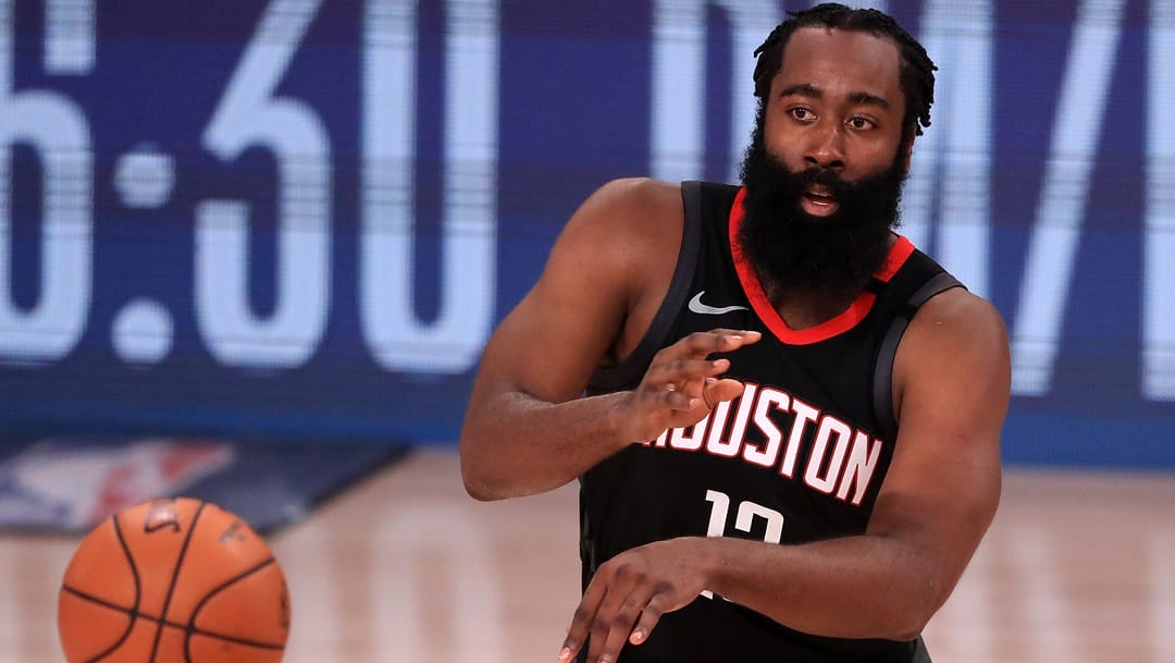 James Harden #13 of the Houston Rockets handles the ball during the third quarter against the Oklahoma City Thunder in Game Seven of the Western Conference First Round during the 2020 NBA Playoffs at AdventHealth Arena at ESPN Wide World Of Sports Complex on September 02, 2020 in Lake Buena Vista, Florida.
