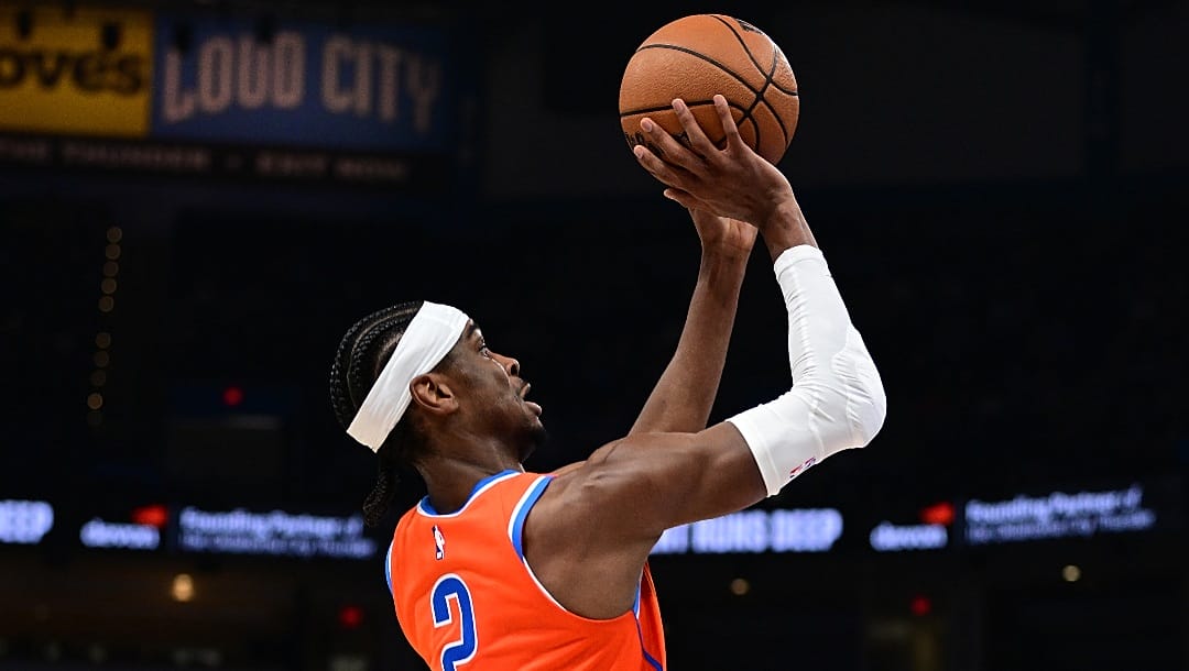 OKLAHOMA CITY, OKLAHOMA - FEBRUARY 27: Shai Gilgeous-Alexander #2 of the Oklahoma City Thunder puts up a shot during the second half against the Houston Rockets at Paycom Center on February 27, 2024 in Oklahoma City, Oklahoma. NOTE TO USER: User expressly acknowledges and agrees that, by downloading and or using this Photograph, user is consenting to the terms and conditions of the Getty Images License Agreement. (Photo by Joshua Gateley/Getty Images)