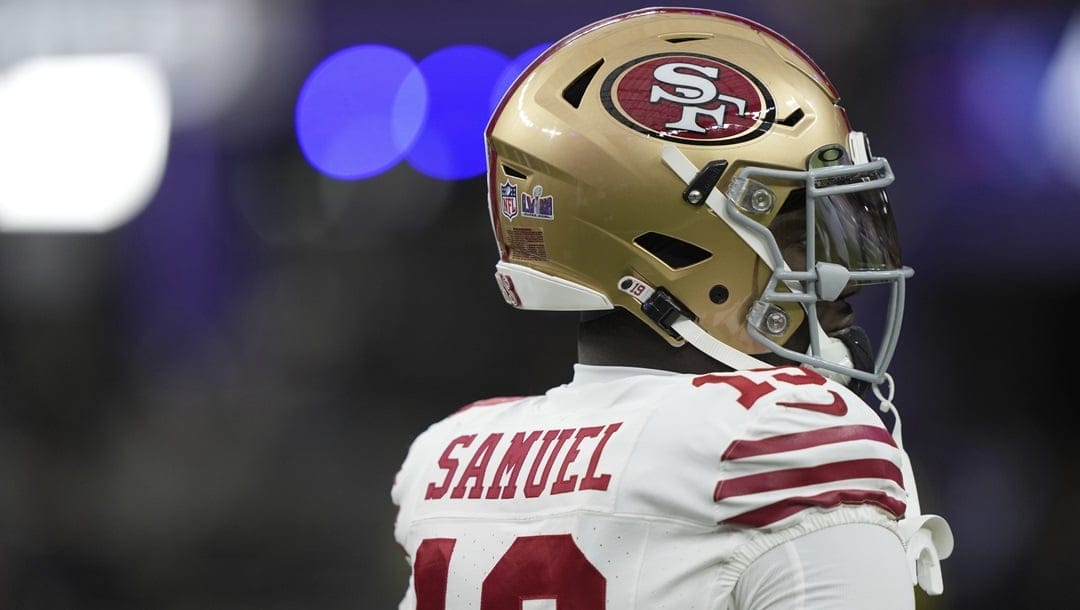 San Francisco 49ers wide receiver Deebo Samuel (19) looks on before taking on the Kansas City Chiefs in NFL Super Bowl 58 football game Sunday, Feb. 11, 2024, in Las Vegas.