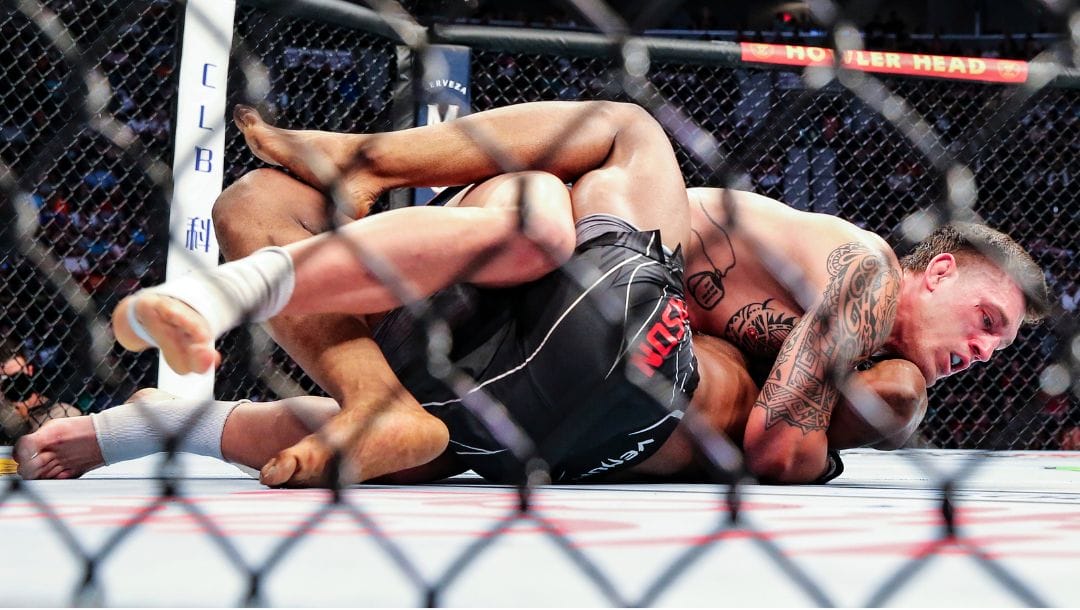 Brendan Allen, top, looks for a submission hold on Karl Roberson during a UFC 261 mixed martial arts bout, Saturday.