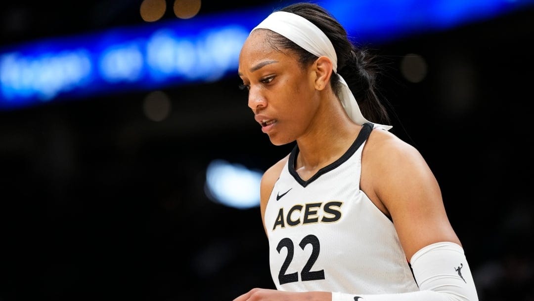 Las Vegas Aces forward A'ja Wilson (22) looks on against the Seattle Storm during the second half of a WNBA basketball game Saturday, May 20, 2023, in Seattle.