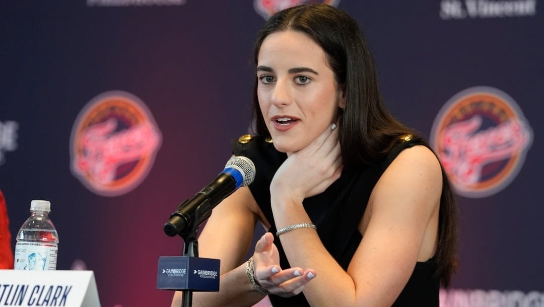 Indiana Fever's Caitlin Clark speaks during a WNBA basketball news conference, Wednesday, April 17, 2024, in Indianapolis.