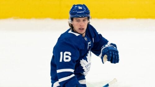 Toronto Maple Leafs right winger Mitch Marner(16) during an NHL hockey game against the Montreal Canadians, Saturday, Feb. 13, 2021, in Toronto, Canada.