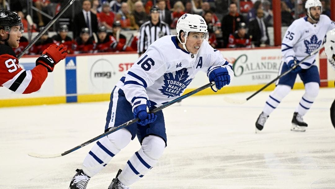 Toronto Maple Leafs right wing Mitch Marner (16) during the first period of an NHL hockey game against the New Jersey Devils Tuesday, April 9, 2024, in Newark, N.J.