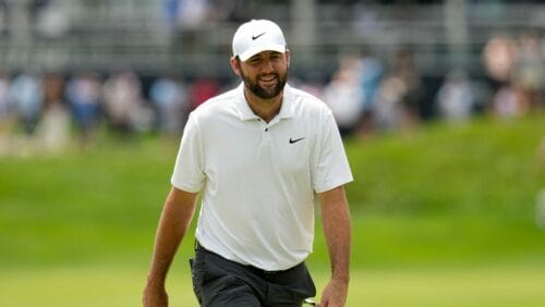 Scottie Scheffler walks to green on the 18th hole during a practice round for the PGA Championship golf tournament at the Valhalla Golf Club, Wednesday, May 15, 2024, in Louisville, Ky.