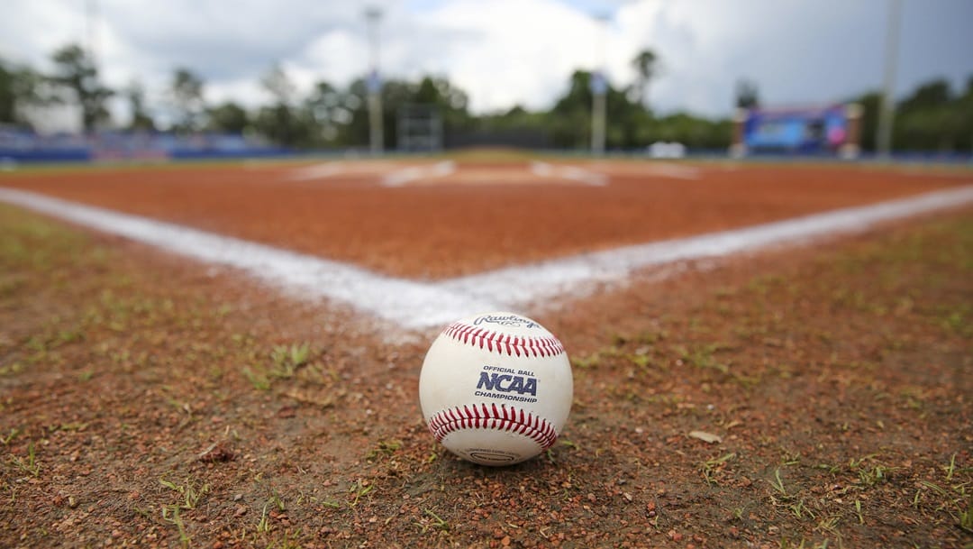 A baseball behind home plate before an NCAA Super Regional college baseball game between Florida and Auburn Sunday, June 10, 2018, in Gainesville, Fla.