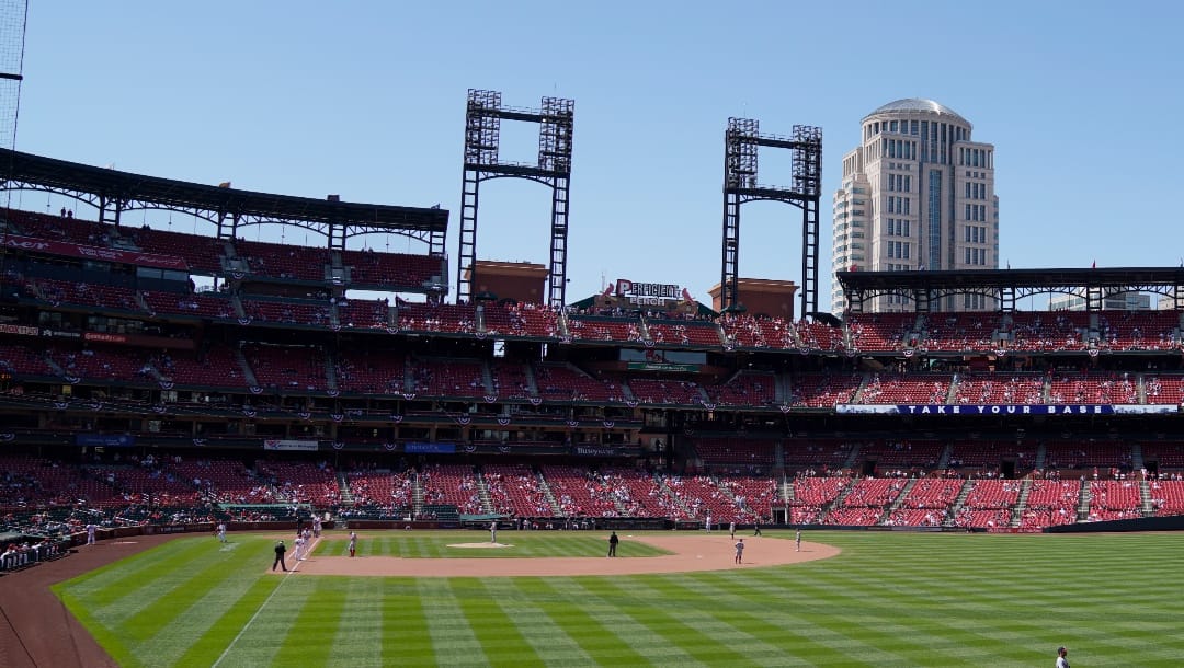 In this general view, the St. Louis Cardinals play the Washington Nationals in a baseball game at Busch Stadium Wednesday, April 14, 2021, in St. Louis. (AP Photo/Jeff Roberson)