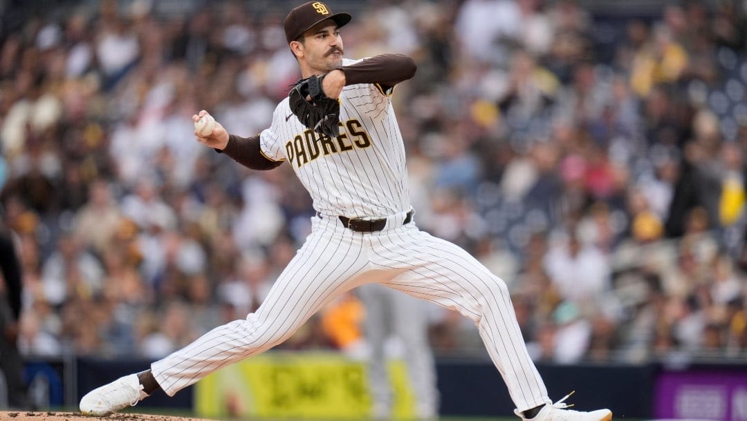 San Diego Padres starting pitcher Dylan Cease works against a New York Yankees batter during the first inning of a baseball game Saturday, May 25, 2024, in San Diego.