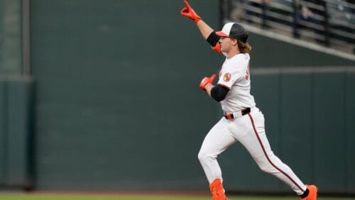 Baltimore Orioles' Gunnar Henderson runs the bases after he hits a home run against the Minnesota Twins during the second inning of a baseball game, Tuesday, April 16, 2024, in Baltimore.