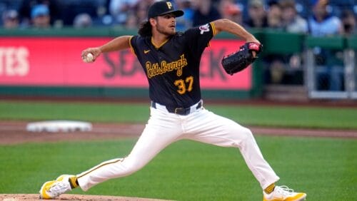 Pittsburgh Pirates starting pitcher Jared Jones delivers during the first inning of a baseball game against the Milwaukee Brewers in Pittsburgh, Monday, April 22, 2024.